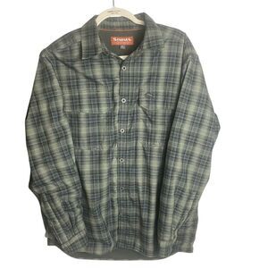 Simms Mens Gray Black Plaid Coldweather Flannel Fishing Shirt Shacket Large